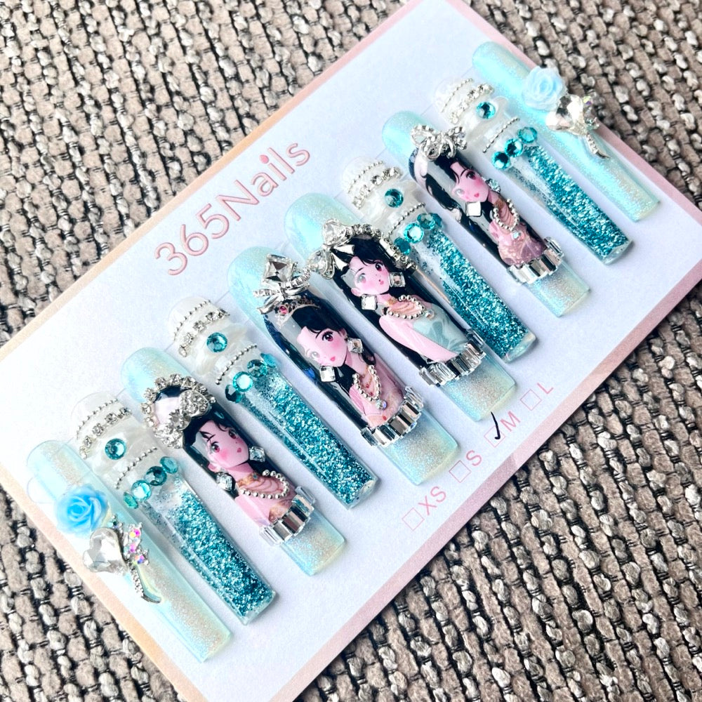 365nails: "Celestial Blue" – 3D Figure Handmade Coffin Nails-5.5cm