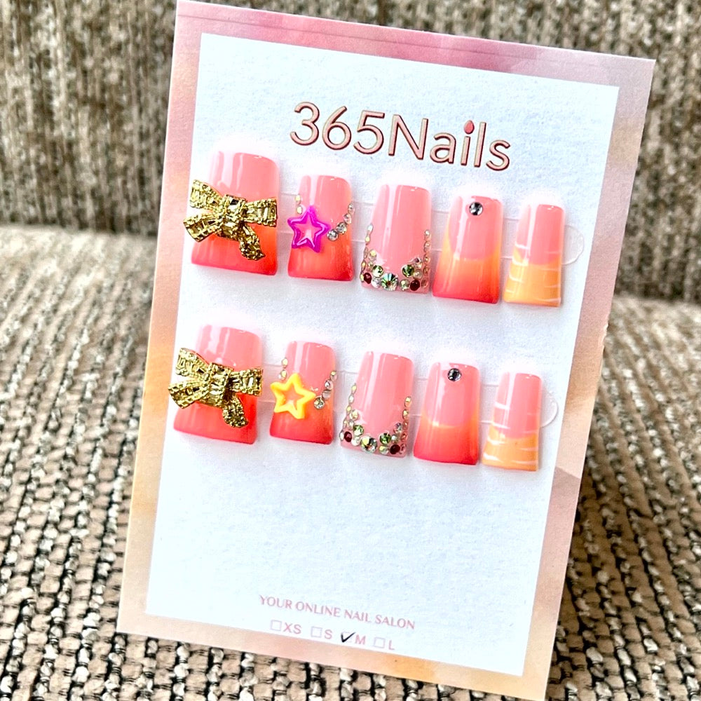 "Sunset Gradient Bow Star" - Wholesale Ultra-Soft Flexible Fit Handmade Nails (MOQ=100)