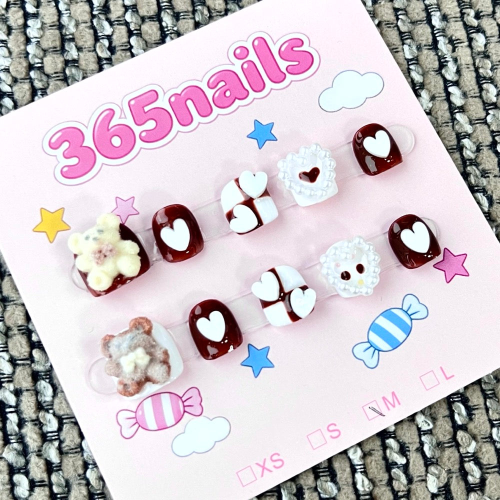365nails: "Sweet Cocoa Bear" – 3D Bear & Heart Handmade Short Square Nails