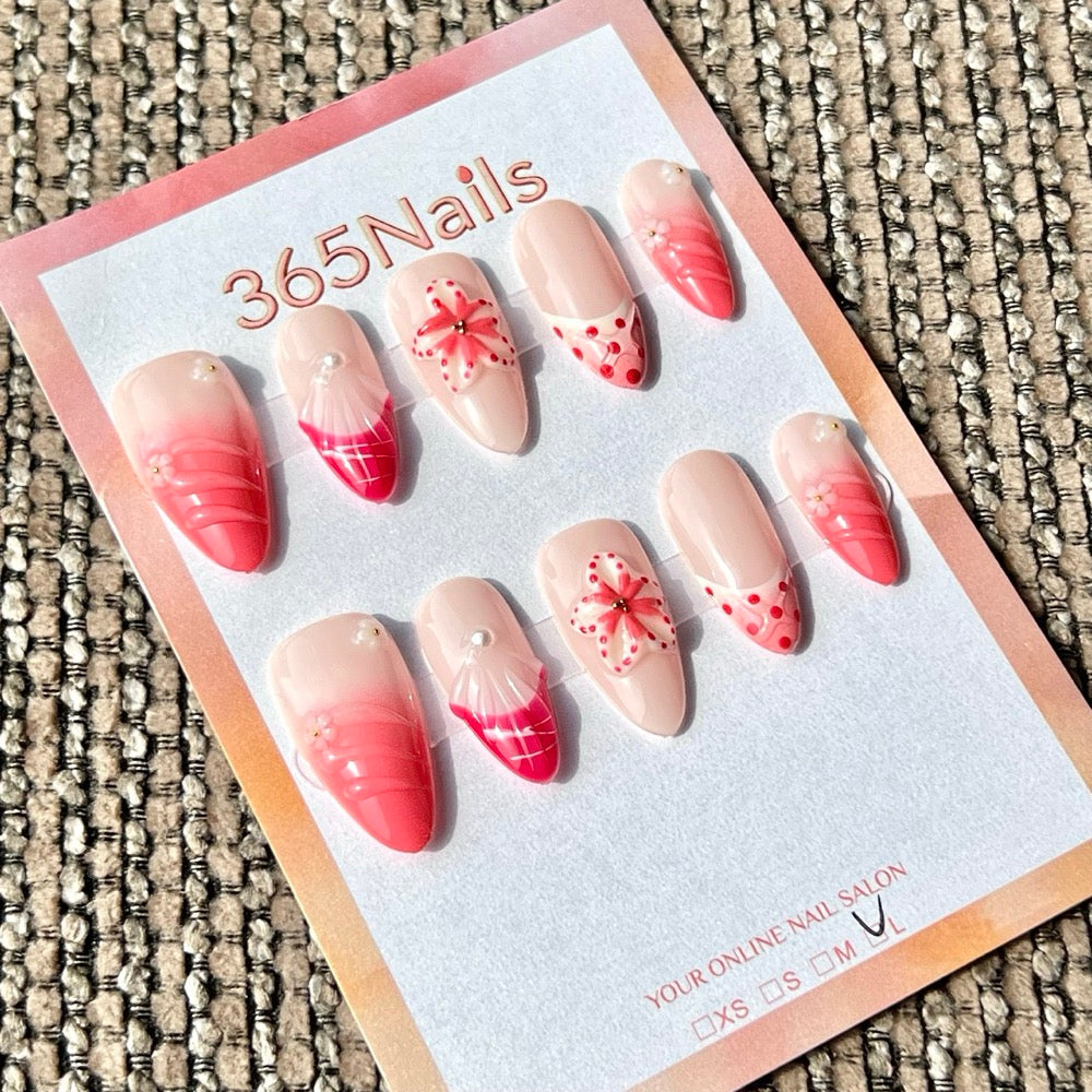 365nails: "Burgundy Pink Sea Urchin 3D" – Handmade Short Almond Press-On Nails