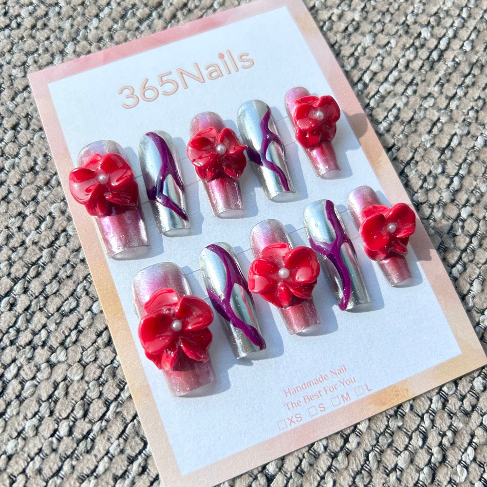Sculpted Flora: "Crimson Chrome" – 3D Red Floral & Silver Metallic Abstract Long Square Nails