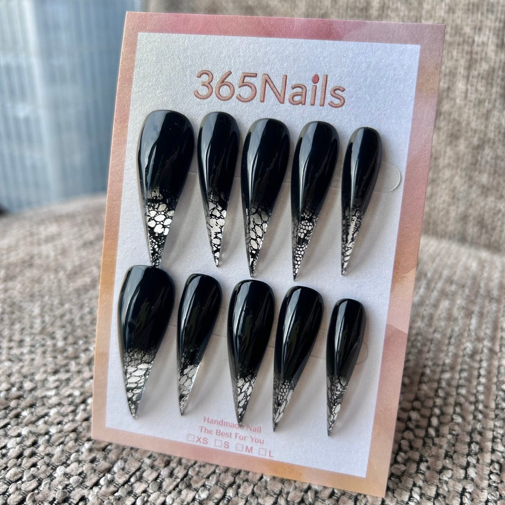 Midnight Serpent Dragon Claw Stiletto Glossy Black with Silver Snake Tips｜365Nails Premium Handmade Dragon Nails