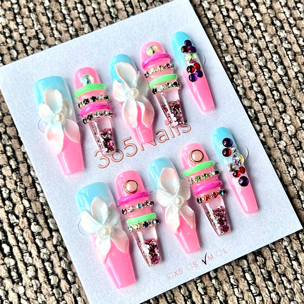 365nails: "Candy Water Lily" – Handmade Liquid Motion Press-On Medium Square Nails-3.5cm