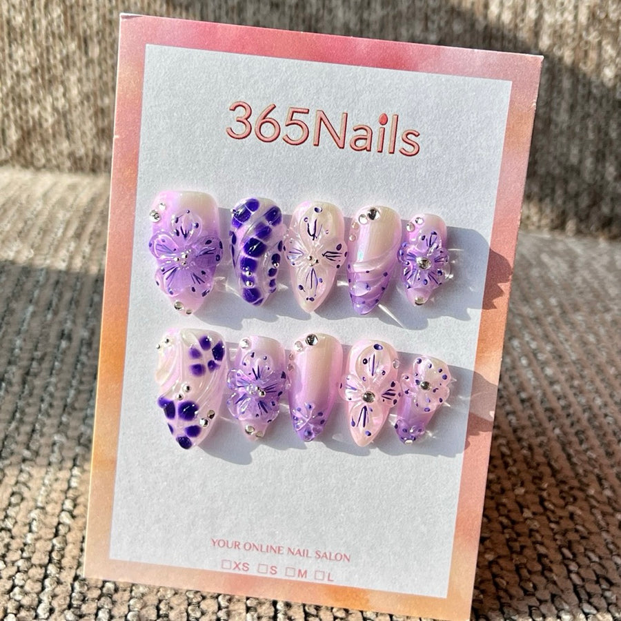 365nails: "Purple Gradient Floral" – Handmade Medium Almond Press-On Nails
