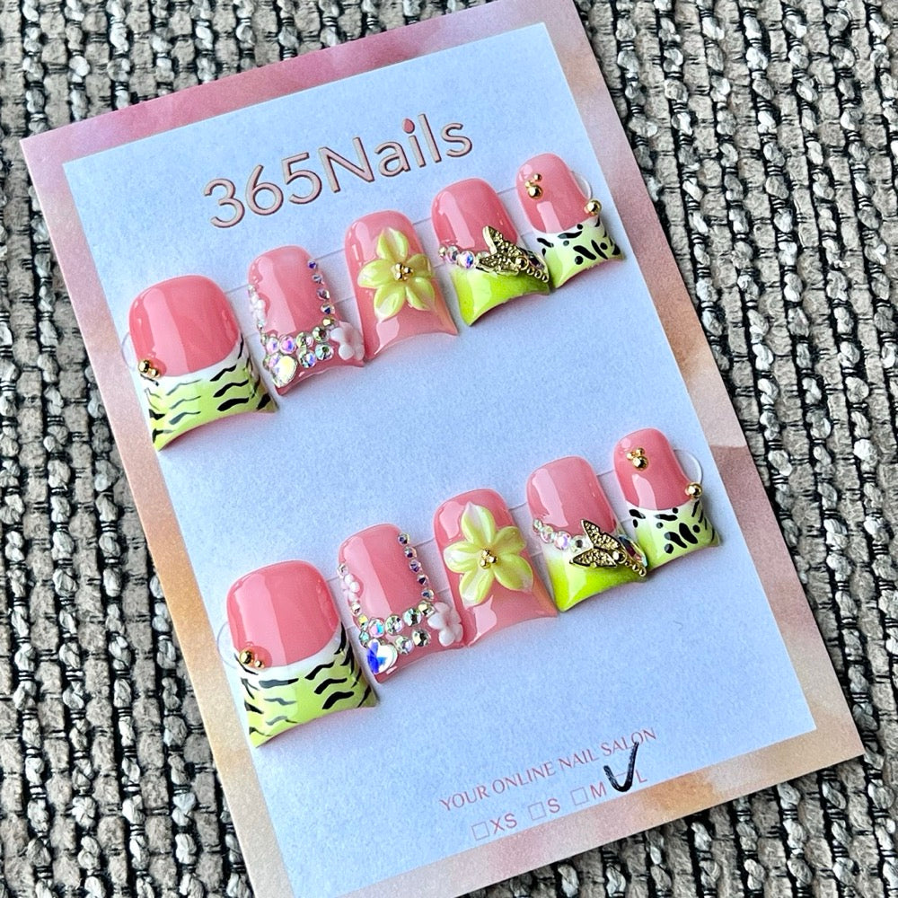 365nails: "Pink Green Flower Butterfly" – Handmade Short Trapezoid Press-On Nails