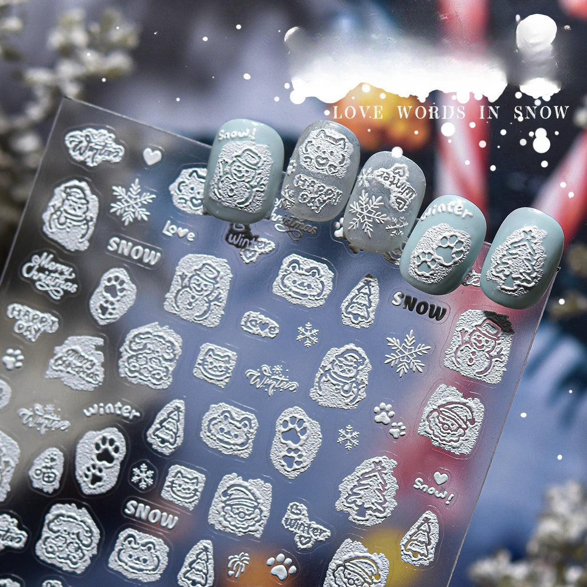 冬季雪人系列：「可愛雪人與雪花」— 3D 浮雕指甲貼