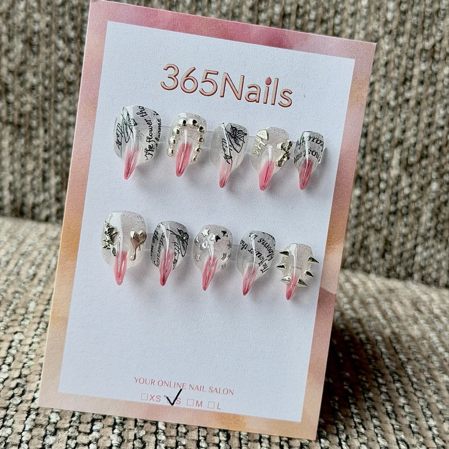 365nails: "Gothic Newspaper Spike" – 3D Metal Charm Handmade Short Almond Nails