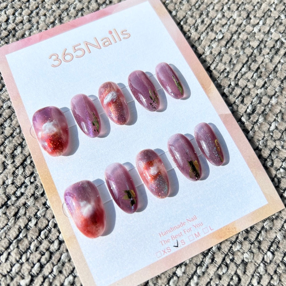 Ethereal Ink: "Rosy Sunset" – Dusty Rose Cat Eye & Terracotta Cloud Marble with Gold Foil Oval Nails