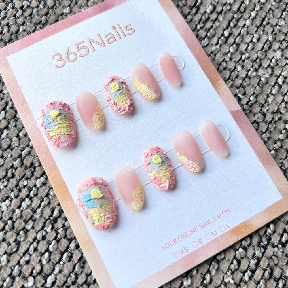 Sweet & Dopamine: "Pink Tweed Reverie" – Blush Jelly Base, Impasto Oil Painting Texture & Pastel Color Block Short Nails