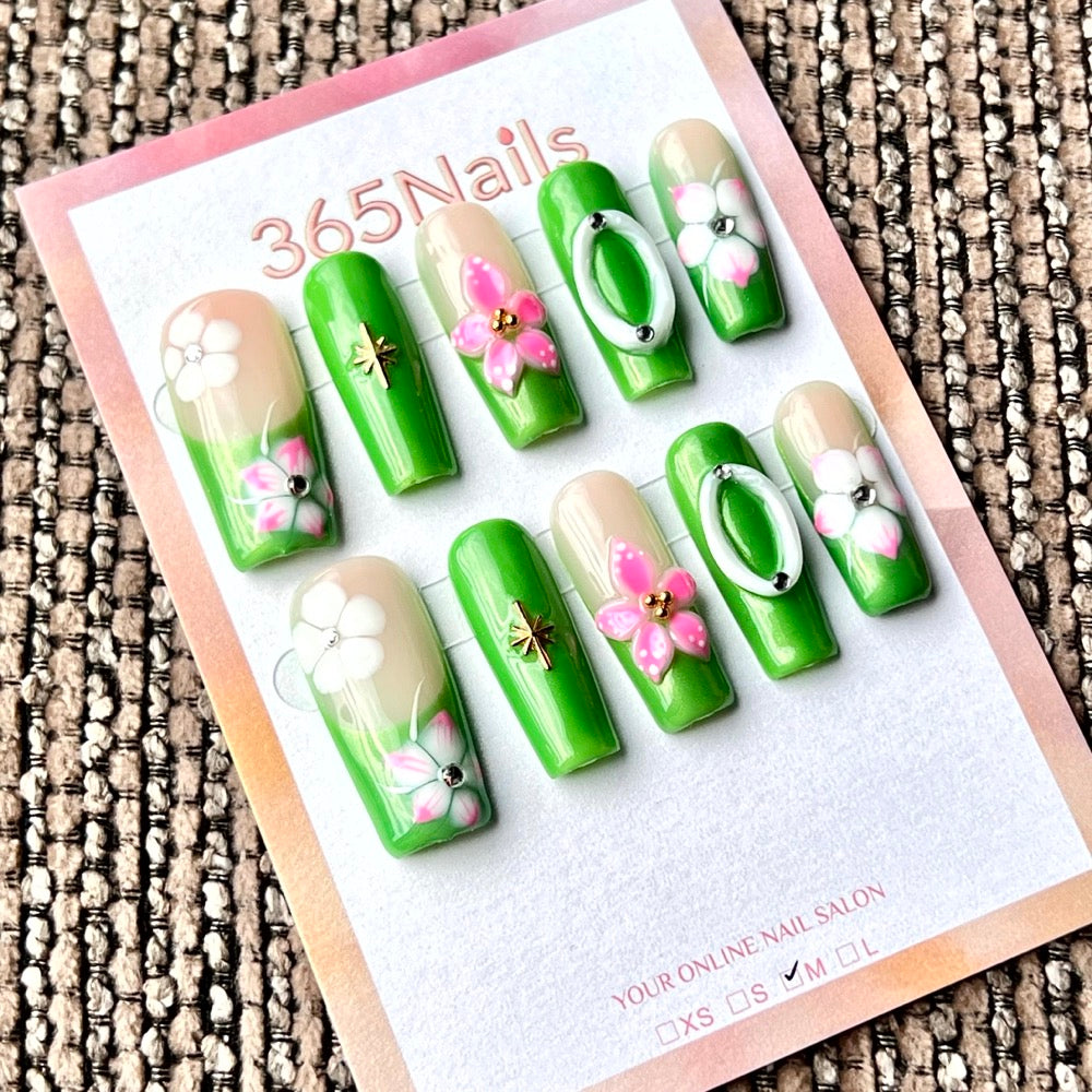 365nails: "봄 난초 가든" – 수제 미디엄 스퀘어형 프레스온 네일