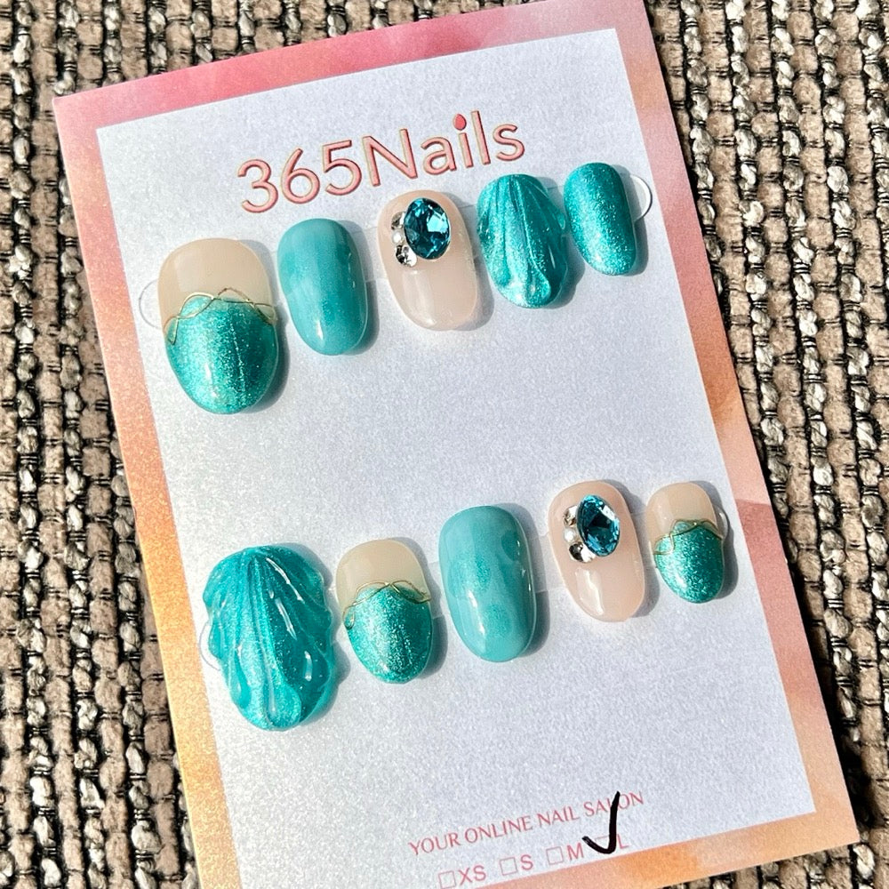 365nails: "Ocean Wave Sapphire" – Handmade Short Oval Press-On Nails