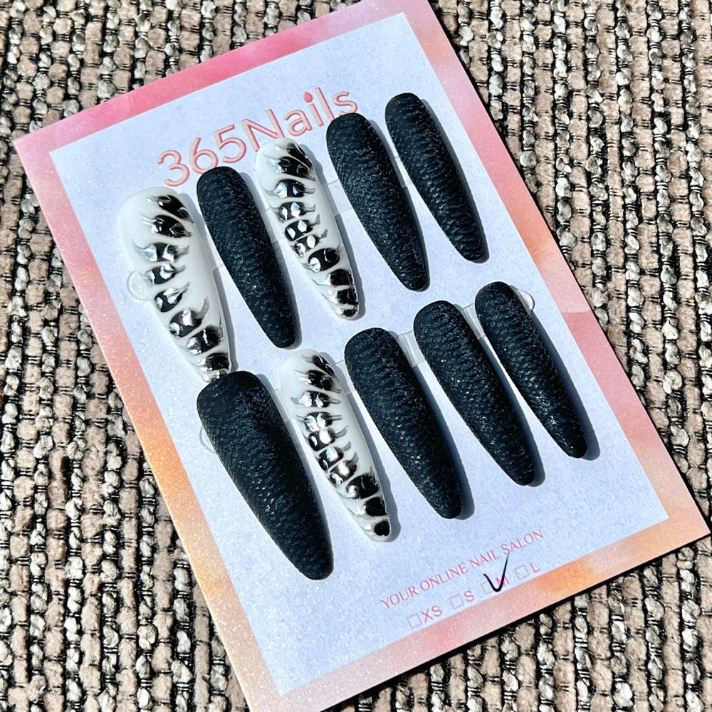365nails: "Noir Metallic Skeleton" – Matte Black & Silver Bone Handmade Stiletto Nails