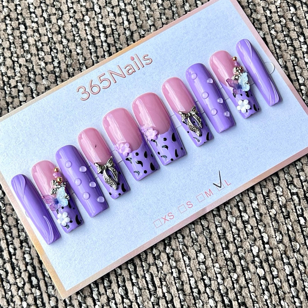 365nails: "迷幻花園" – 3D 蝴蝶與混合材質 手工製 穿戴甲 長款 棺材形