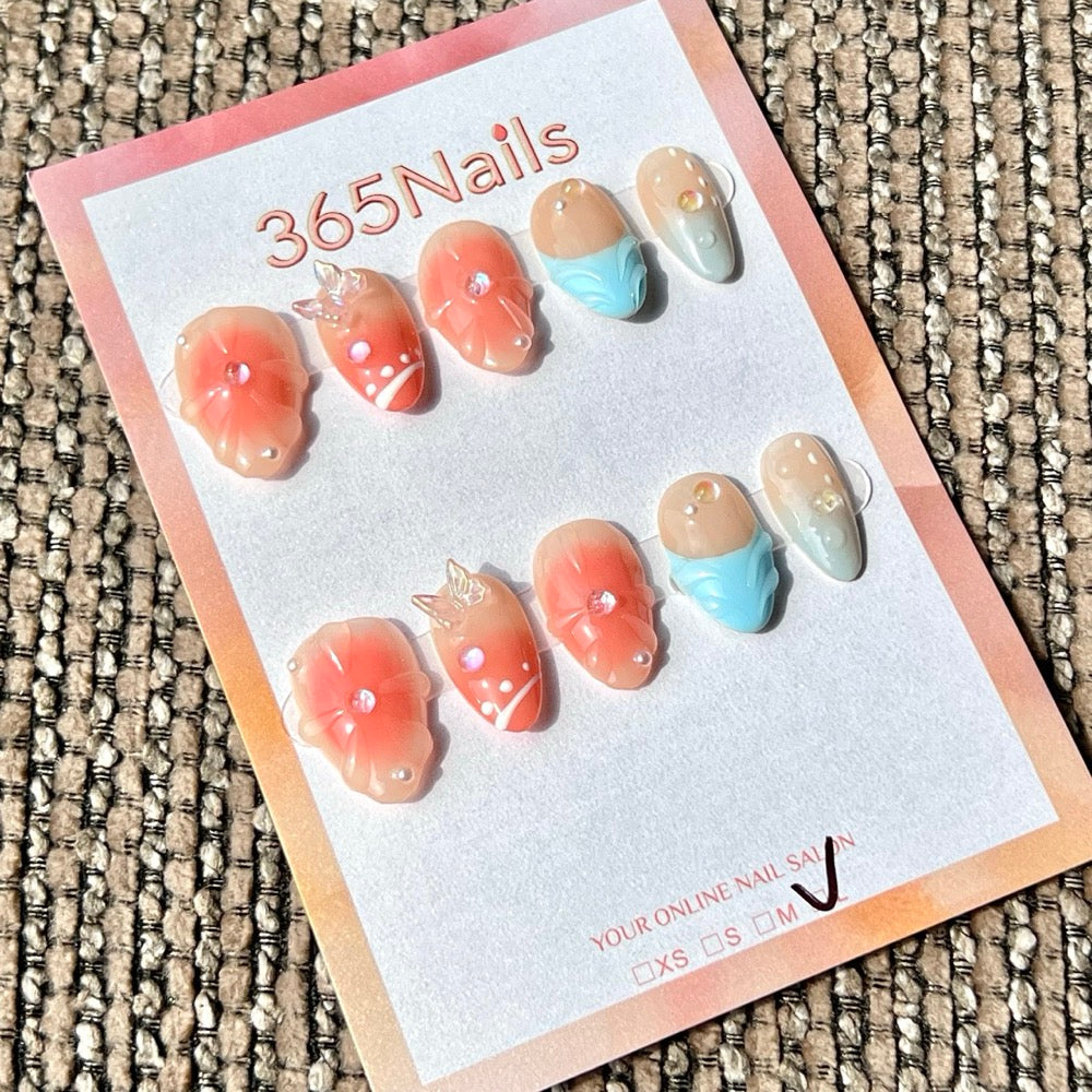365nails: "Nude Pink Flower Butterfly Short" – Handmade Short Almond Press-On Nails