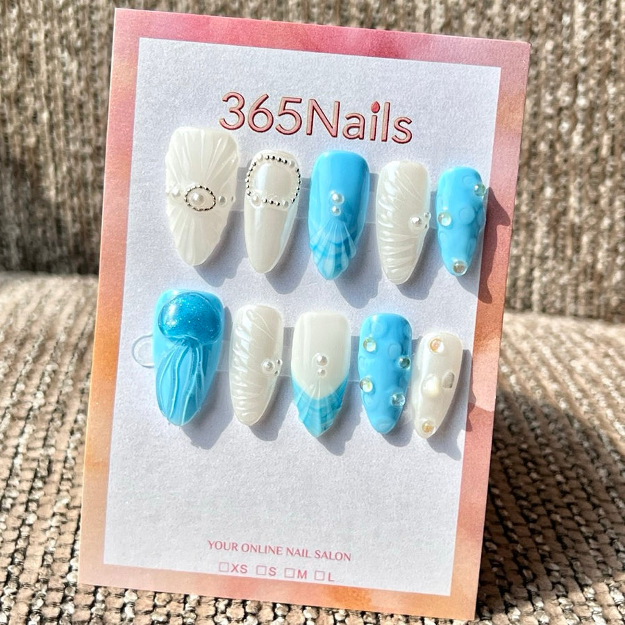 365nails 블루 화이트 해파리 쉘 3D 수제 미디엄 스틸레토형 프레스온 네일