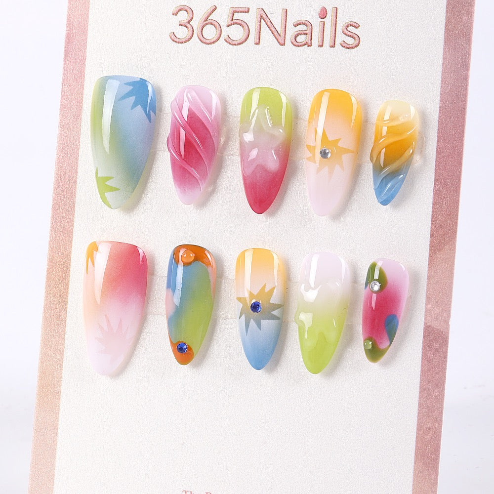 365Nails Sunset Ombre Long Coffin Press On Nails with Jelly Stars and Dew DropsSold in packs of 5. Minimum order: 1 pack (5 pcs). Quantity = number of packs. Qty 1 = 5 pcs