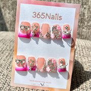 365nails: "Pink Gradient Bow Star Snake Short" – Handmade Short Trapezoid Press-On Nails