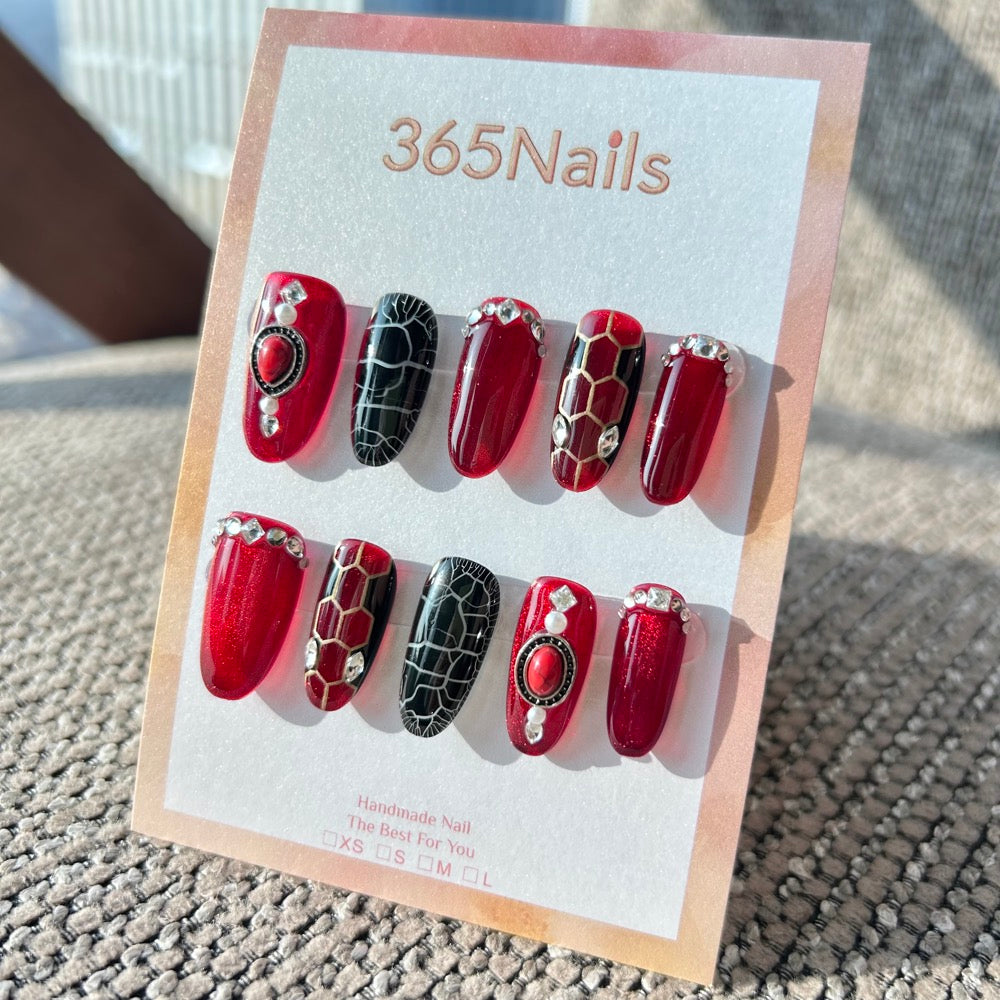 The Gilded Serpent: "Ruby Viper" – Deep Red Cat Eye & Black Crackle Handmade Press-On Nails with Vintage Gemstone