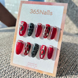 The Gilded Serpent: "Ruby Viper" – Deep Red Cat Eye & Black Crackle Handmade Press-On Nails with Vintage Gemstone