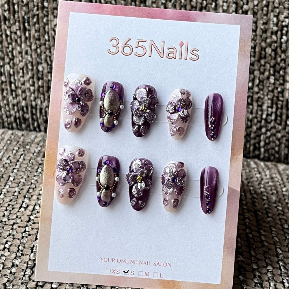 Purple Floral Rhinestone Press-On Nails