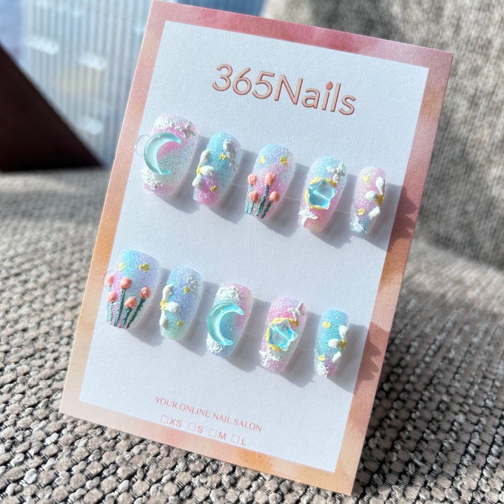 Sweet & Dopamine: "Cotton Candy Starry Night" – Pink & Blue Gradient Sugar Glitter, 3D Moon & Star Gem, Tulip & Cloud Press-on Nails