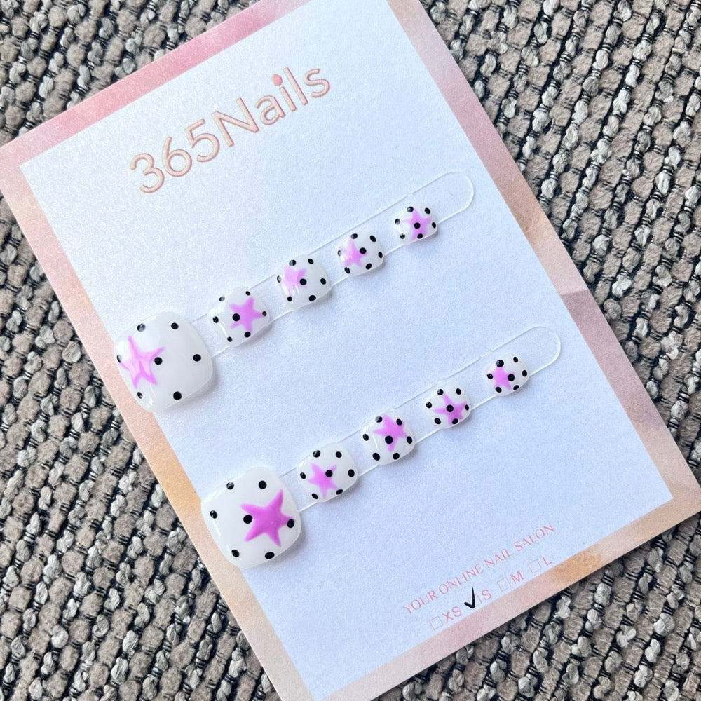 Pink Star Polka Dot White Press-On Toenails