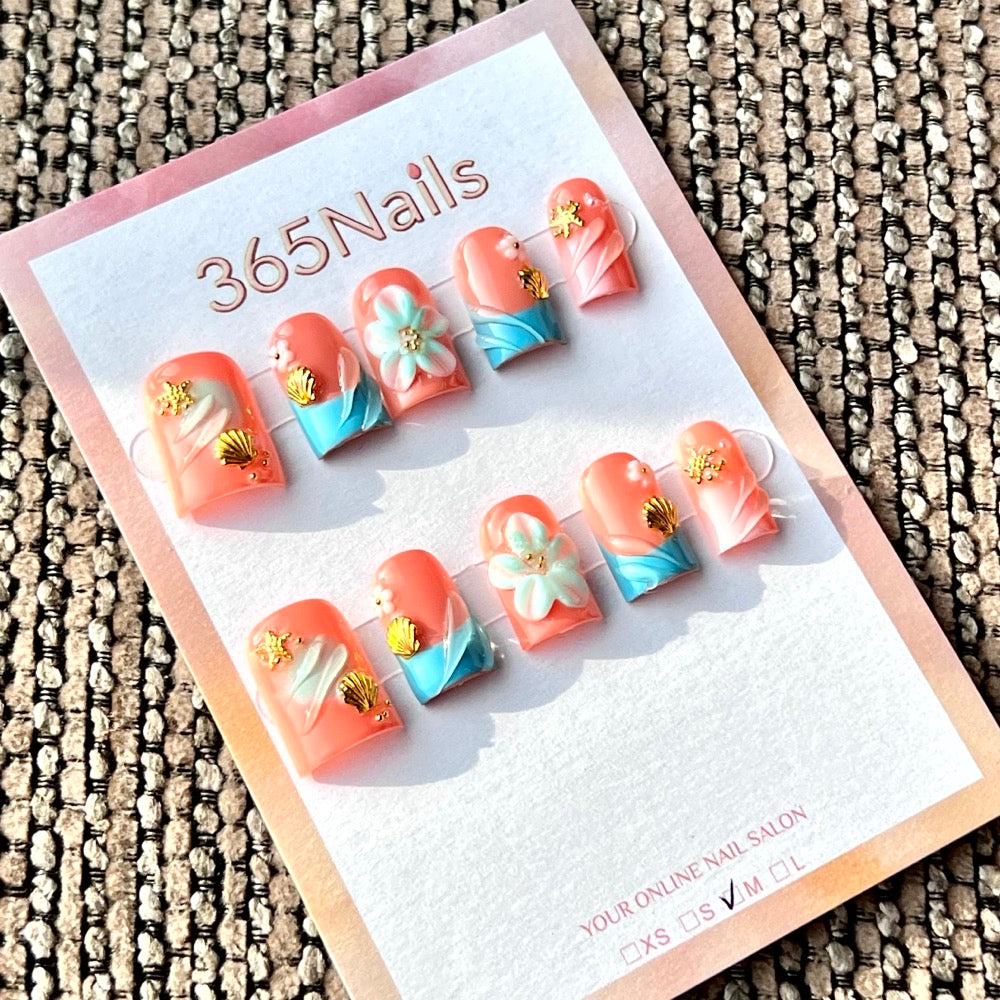 Océan corail d'été - Vente en gros : ongles faits main ultra-douces, ajustement flexible (MOQ=100)