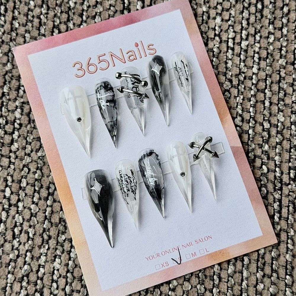 365nails: "Smoke Script Piercing Cross Star" – Metal Piercing Charm Handmade Long Stiletto Nails