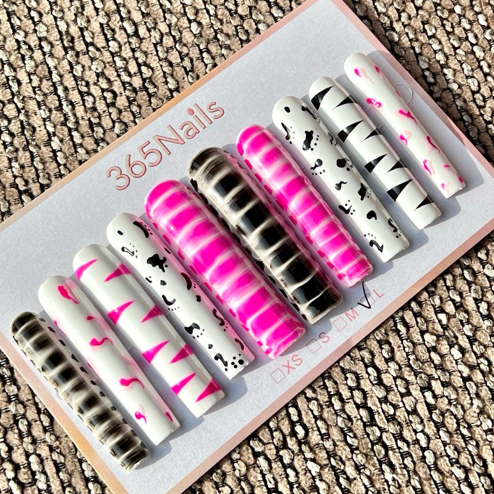 365nails: "Pink Black Animal Print Long" – Handmade Long Trapezoid Press-On Nails