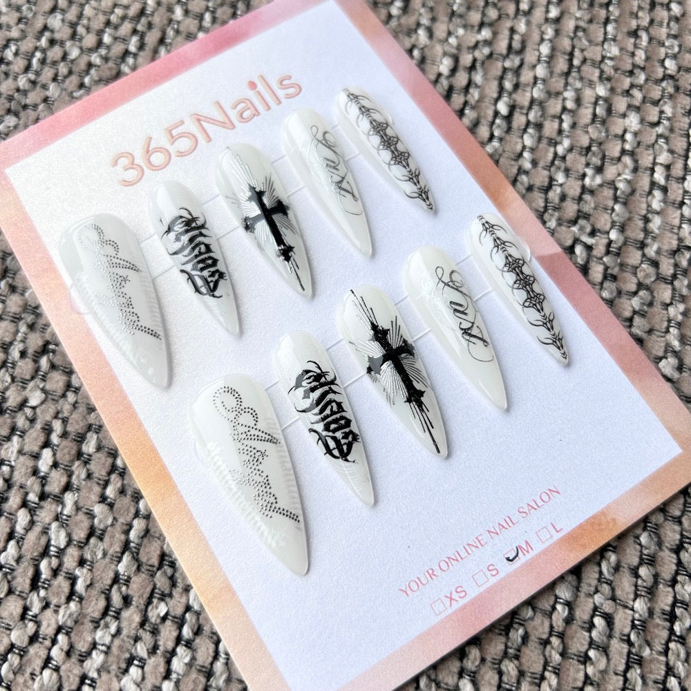 Femme Fatale: "Sacred Ink" – Milky White Base with Black Cyber Sigilism, Gothic Lettering & Tattoo Art Long Almond Nails