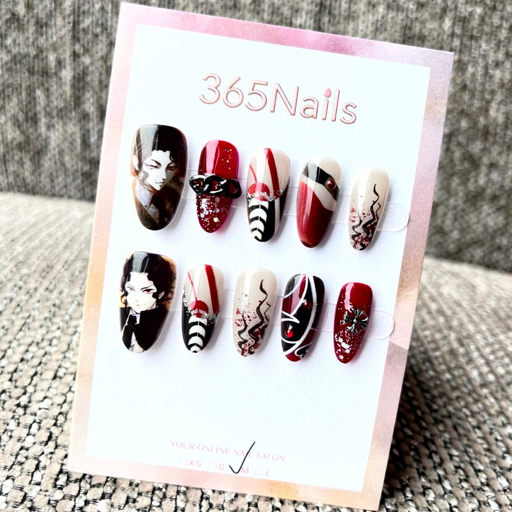 365nails: "Anime Character Red Black" – Handmade Short Almond Press-On Nails