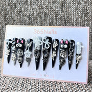 365nails: "Gothic Black Cat Pearl Skull" – handmade press-on nails
