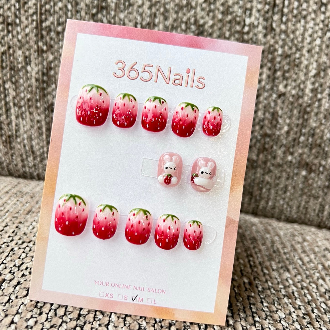 365Nails: "Strawberry Bunny Jam" – handmade press-on nails (Candy Series/Cute Kawaii Style)