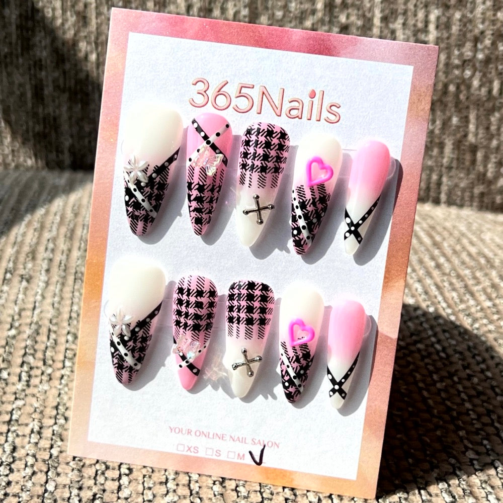 365nails: "Sweet Plaid" – 3D Heart & Bow Handmade Stiletto Nails