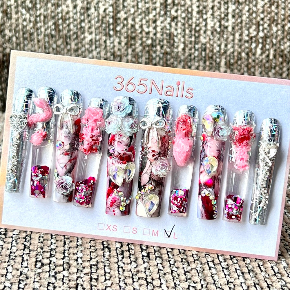 365nails: "Holographic Rose Maiden" – Handmade Floral Liquid Motion Press-On Long Pipe Nails-5.5cm