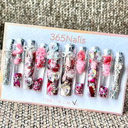 365nails: "Holographic Rose Maiden" – Handmade Floral Liquid Motion Press-On Long Pipe Nails-5.5cm