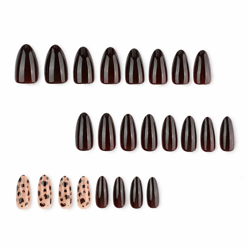 Set of dark brown and leopard print almond press-on nail tips laid out in rows on white background