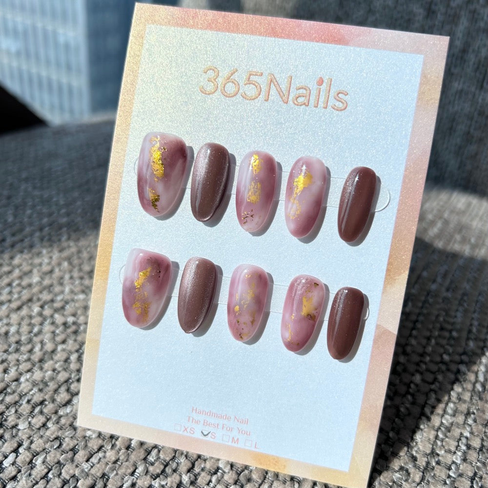 Ethereal Ink: "Amethyst Cocoa" – Deep Cocoa Purple Cat Eye & Dusty Pink Marble with Gold Foil Oval Nails