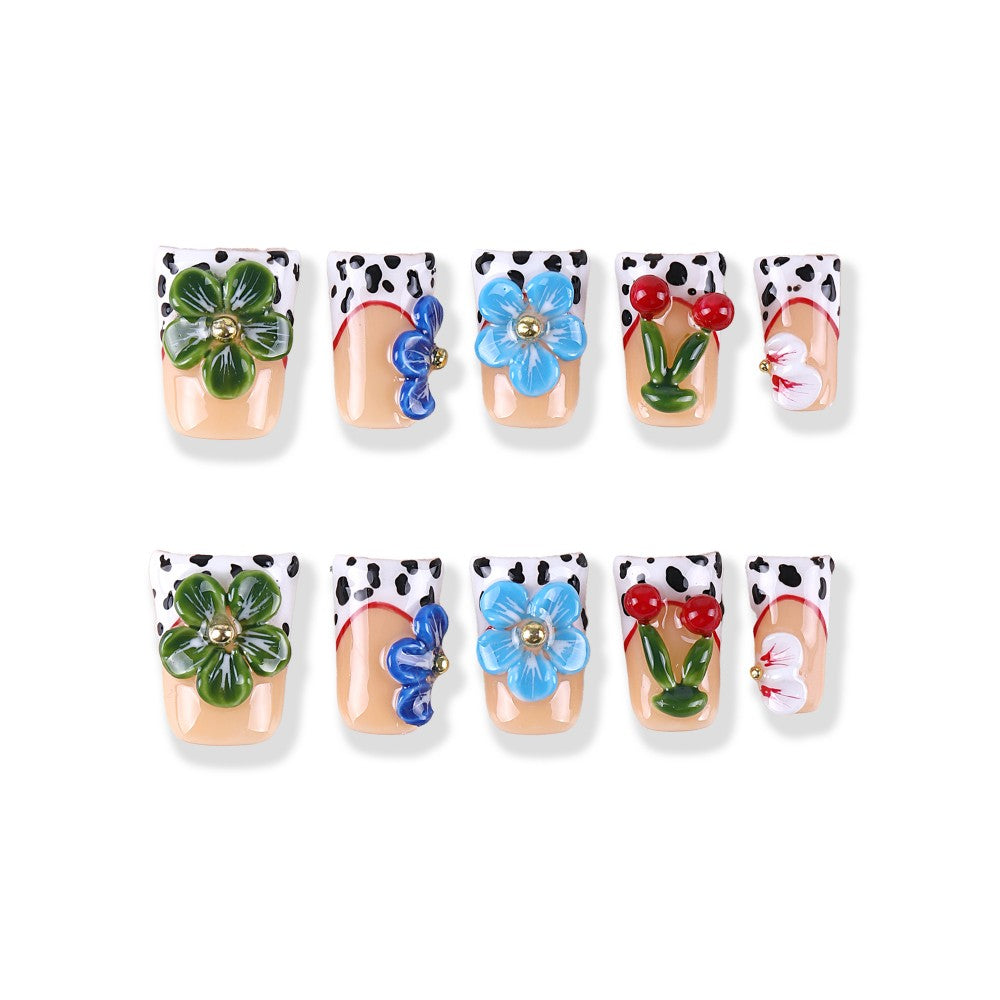 Creamy nude pink speckled French style × 3D cherry blossom short square press on nail