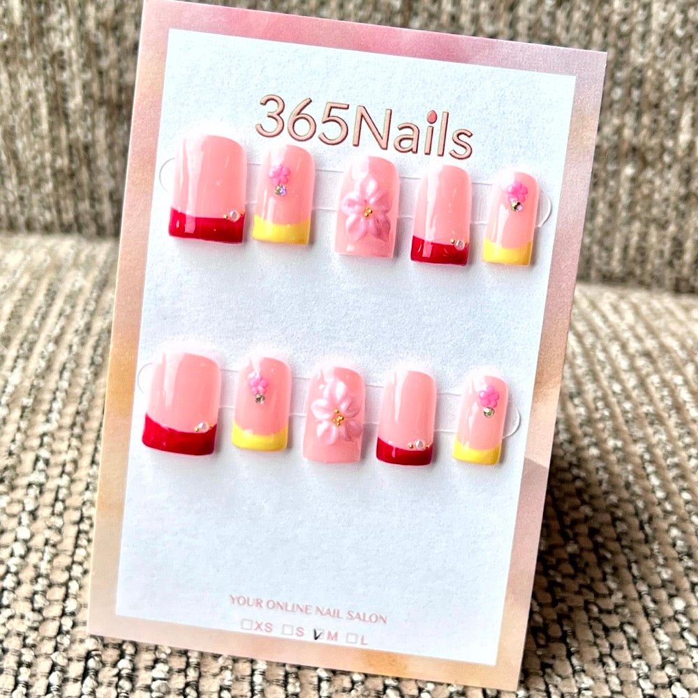 Rose manucure française avec fleur - Vente en gros : ongles press-on ultra-doux, ajustement flexible, fait main (MOQ=100)
