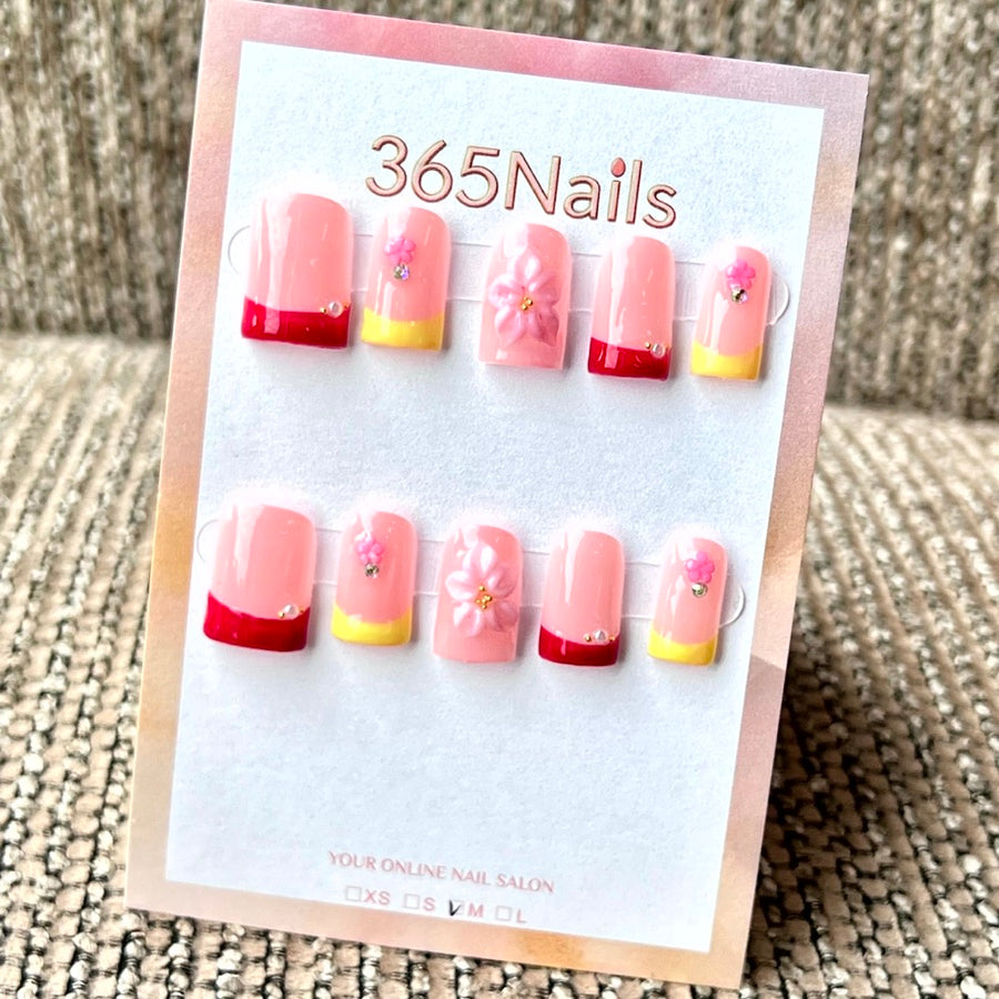 "Pink French Flower" - Wholesale Ultra-Soft Flexible Fit Handmade Nails (MOQ=100)