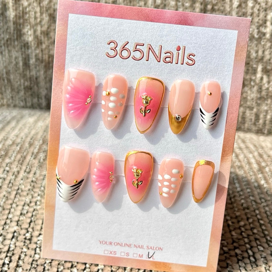 365nails: 누드 핑크 로즈골드 믹스 수제 미디엄 스틸레토형 프레스온 네일