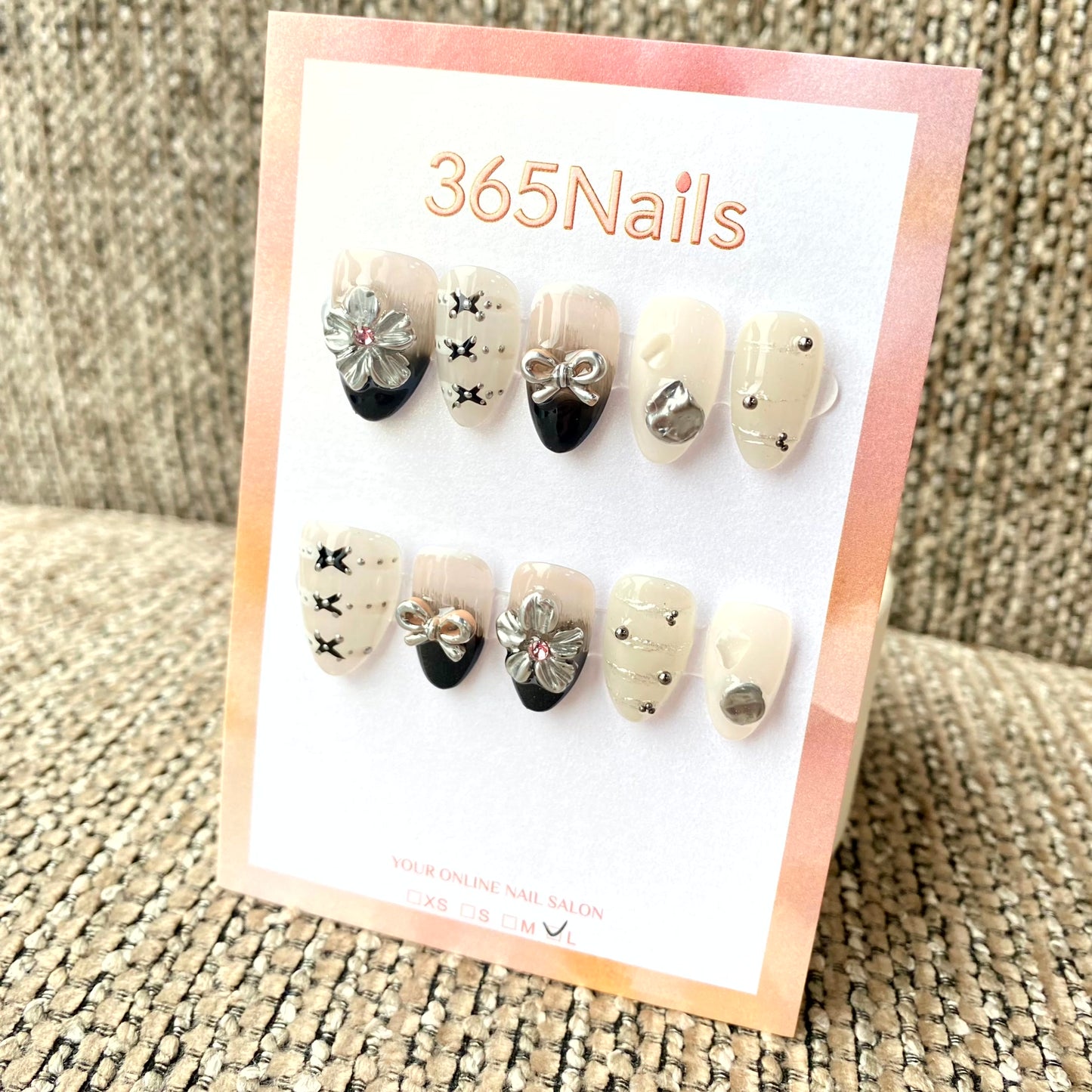 365nails: "Gothic Balletcore" – 3D Silver Flower & Corset Lacing Handmade Almond Nails