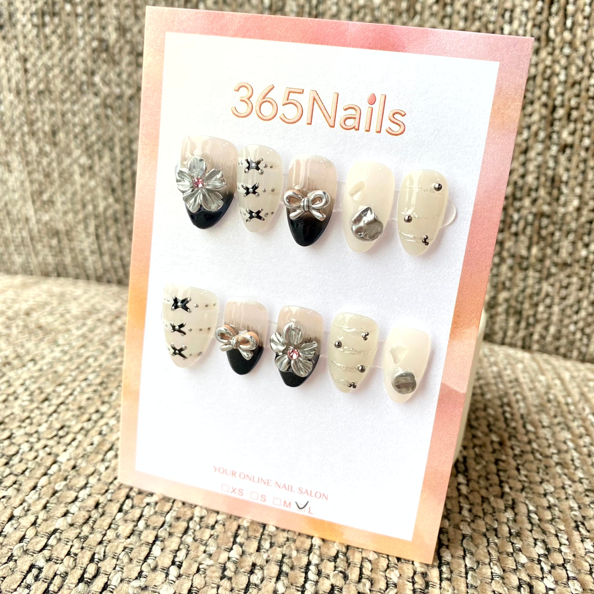 365nails: "Gothic Balletcore" – 3D Silver Flower & Corset Lacing Handmade Almond Nails