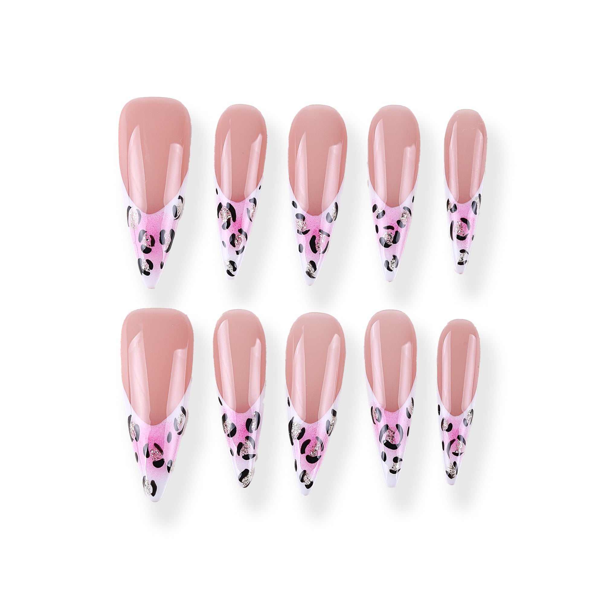 Sweet cool pink leopard V French long pointed press on nail