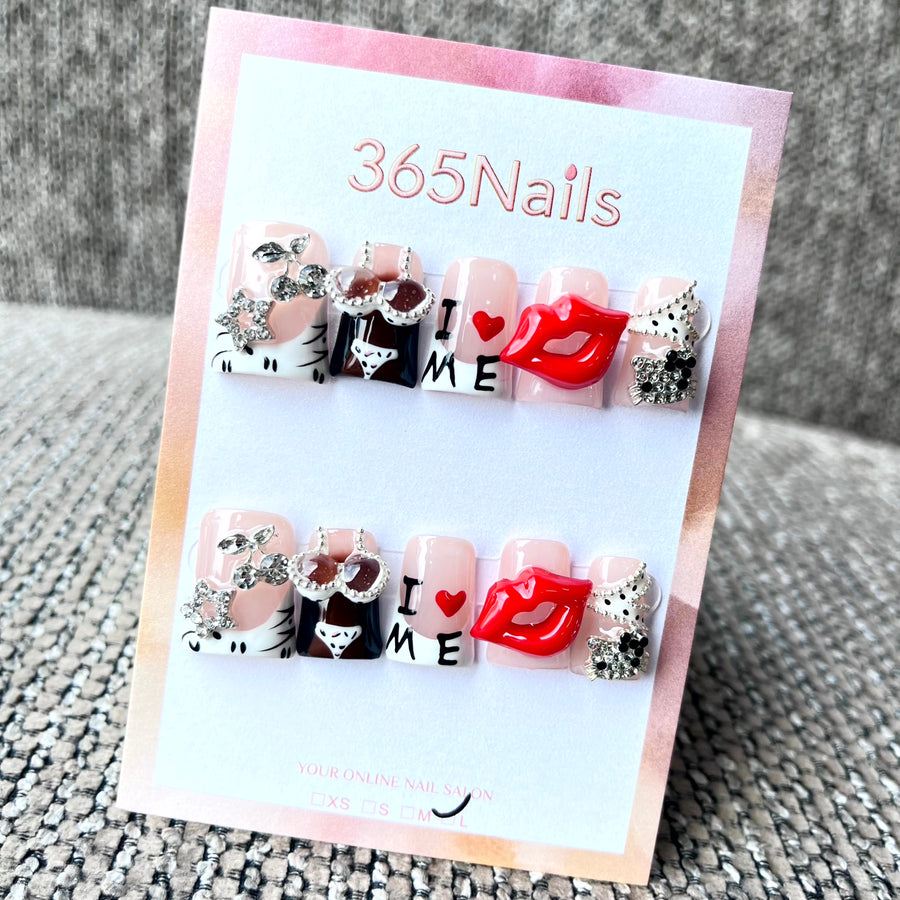 365nails: "I Love Me Lip Lingerie Short" – 수제 숏 사다리꼴형 프레스온 네일