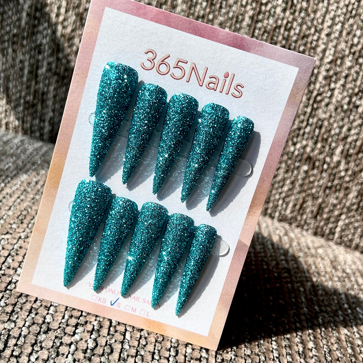 Teal Current - Blue Green Fine Glitter Stiletto Press-On Nails | Starry Glitter Series