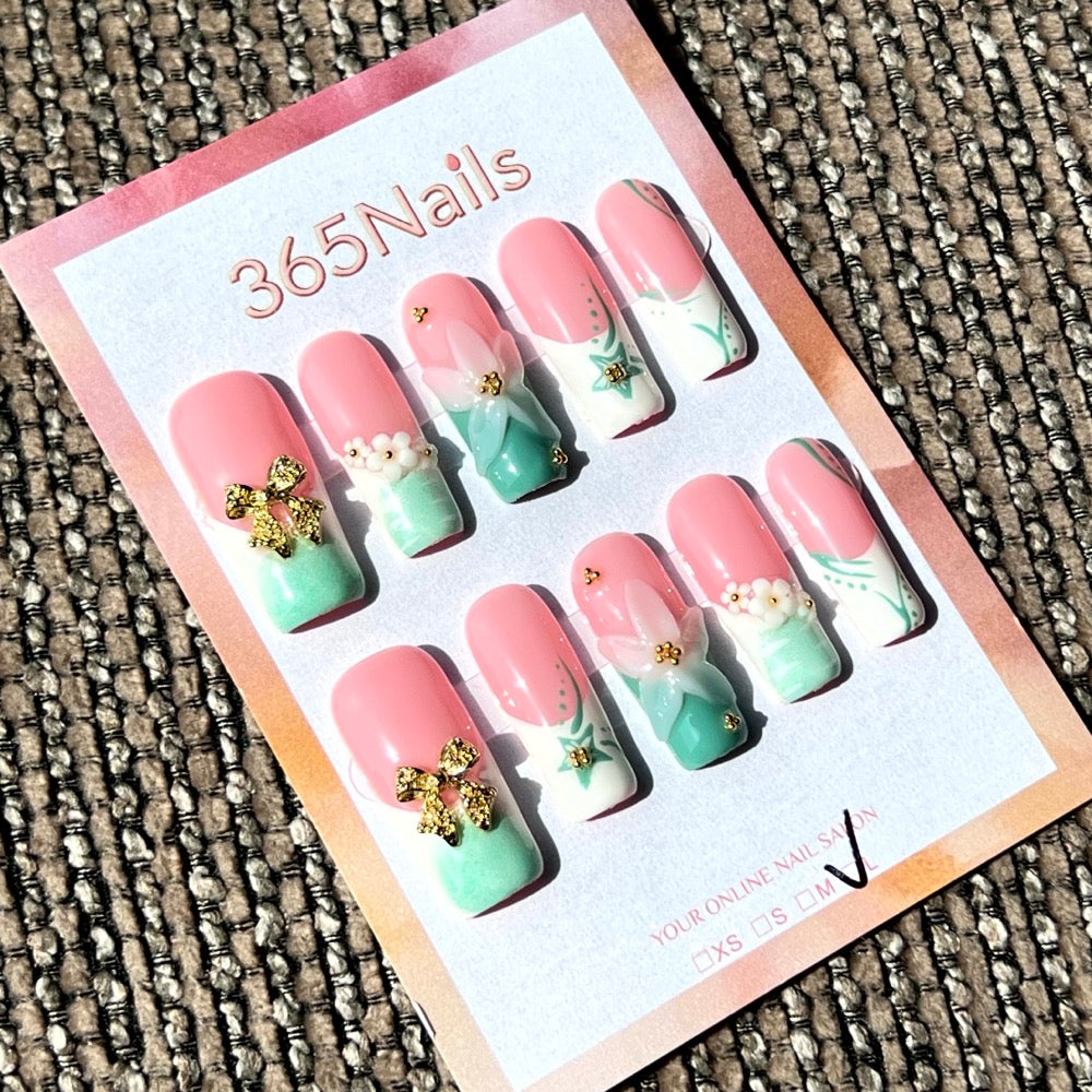 365nails: "Candy Bloom" – 3D Floral & Gradient Handmade Almond Nails
