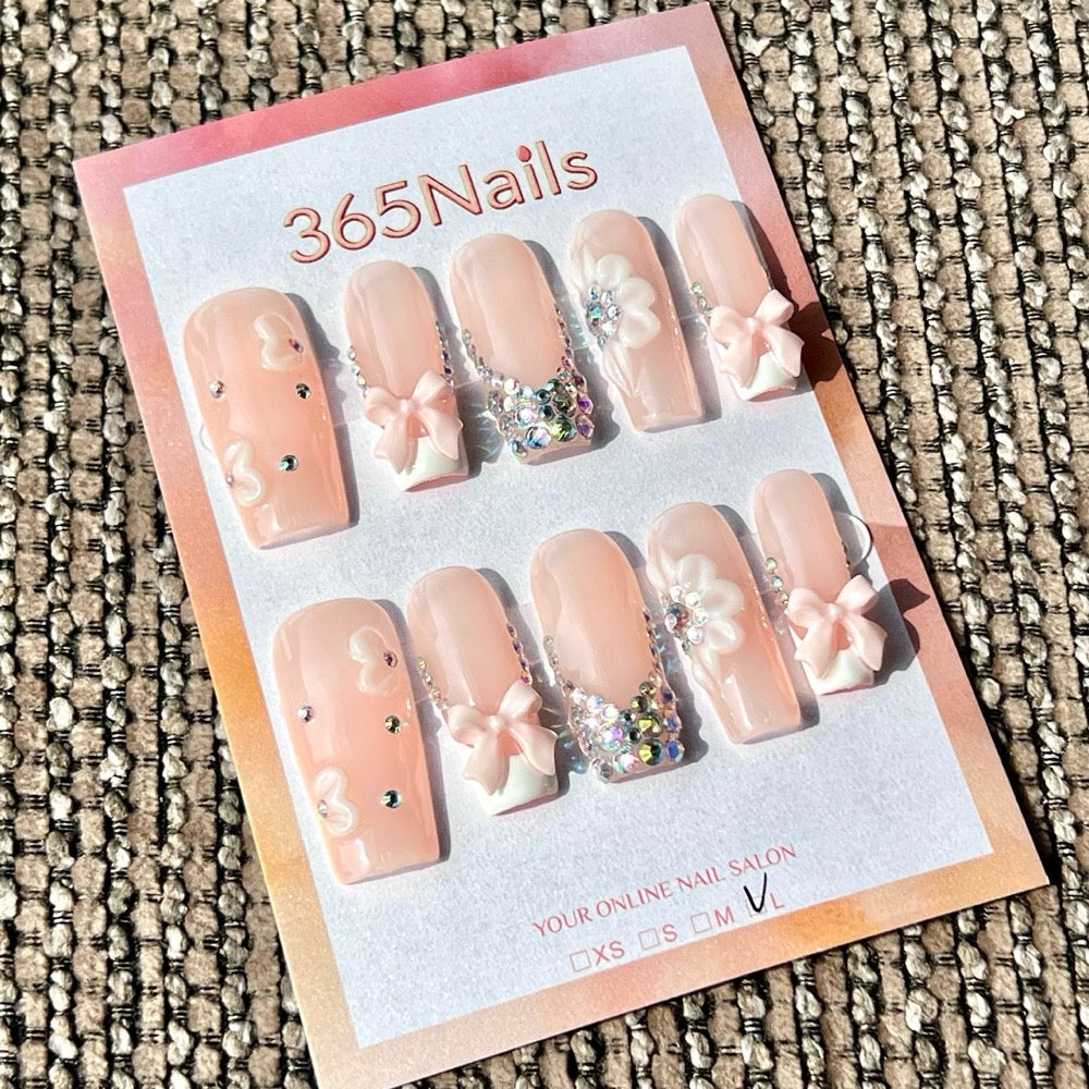 365nails 블러쉬 핑크 리본·꽃 라인스톤 3D 수제 미디엄 코핀형 프레스온 네일