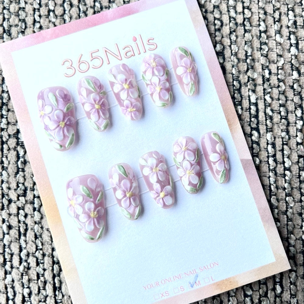365nails: "Lilac Garden" – 3D Floral Handmade Medium Coffin Nails